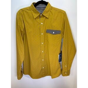 PD&C Mens Mustard Yellow Peached Poplin Geometric‎ Print Button Down Shirt NWT